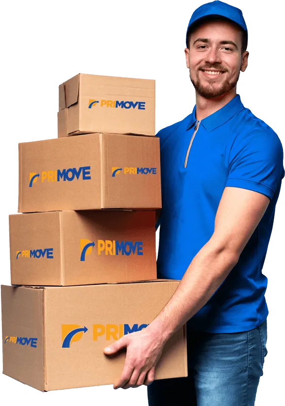 Primove removalist in a blue uniform carrying a stack of Primove moving cartons
