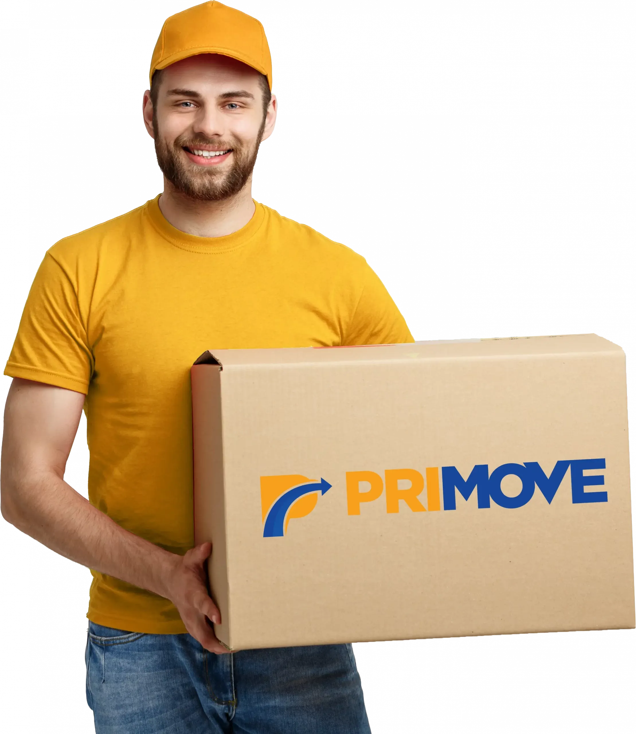 Primove removalist in a yellow uniform carrying a Primove moving box